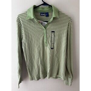 Vtg Falls Creek Women’s L Green Stripe Polo Henley Top Y2K Preppy Long Sleeve